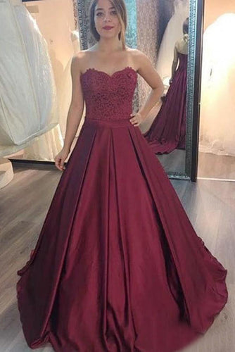 Burgundy A Line Sweetheart Top Lace Prom Dresses