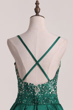 Load image into Gallery viewer, Prom Dresses Spaghetti Straps Satin With Beads A Line