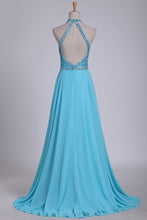 Load image into Gallery viewer, Sexy Open Back Halter Chiffon &amp; Tulle With Beading A Line Prom Dresses