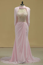 Load image into Gallery viewer, Hot High Neck Prom Dresses Beaded Bodice Chiffon Sweep Train