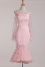 Load image into Gallery viewer, Long Sleeves Mermaid Satin &amp; Tulle Homecoming Dresses With Applique And Handmade Flowers