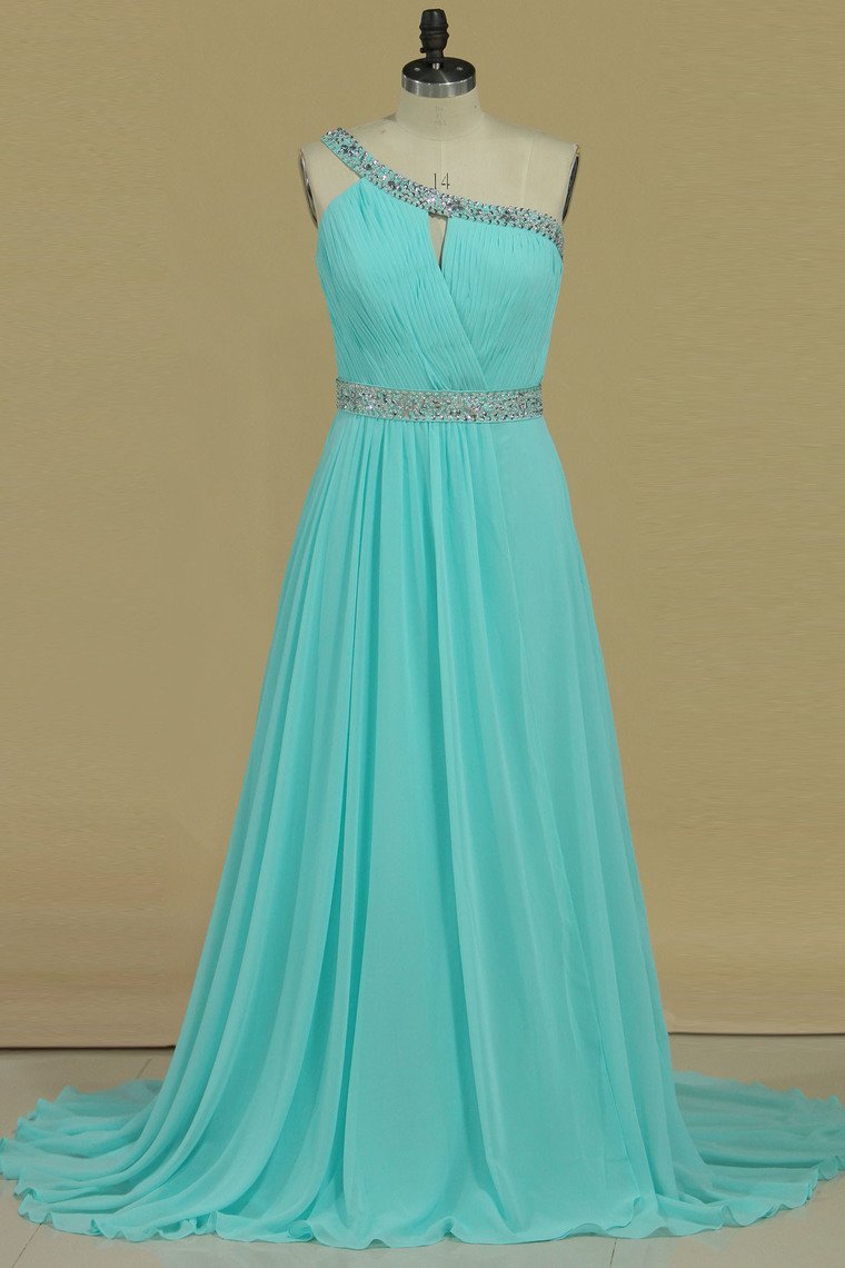 Hot One Shoulder Prom Dresses A Line Chiffon With Beading & Ruffles