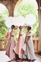 Load image into Gallery viewer, New Arrival Boat Neck Satin A Line Asymmetrical Bridesmaid Dresses