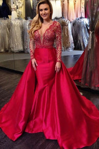 Red Prom Dress Satin V Neck With Pearled Bodice And Long Train