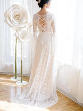 Load image into Gallery viewer, Unique V Neck Lace-up Mermaid Back Bridal Dresses Ivory Lace Trumpet Sleeve Wedding Dresses SJS15469