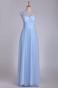 One Shoulder A Line Bridesmaid Dresses Ruched Bodice Tulle