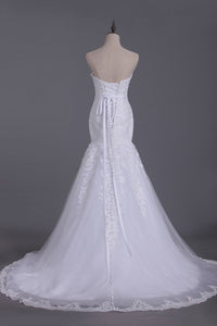 White Sweetheart Wedding Dresses Tulle With Applique & Beads Mermaid/Trumpet