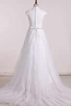 Load image into Gallery viewer, A Line V Neck With Applique Wedding Dresses Tulle Court Train