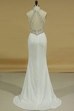 Load image into Gallery viewer, Sheath Halter Beaded Bodice Prom Dresses Spandex Sweep Train