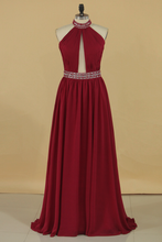 Load image into Gallery viewer, A Line High Neck Chiffon Prom Dresses With Beads Open Back Sweep Train