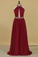 A Line High Neck Chiffon Prom Dresses With Beads Open Back Sweep Train