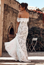 Load image into Gallery viewer, Elegant Off the Shoulder Ivory Lace Mermaid Beach Wedding Dress, Cheap Bridal Dress SJS15188