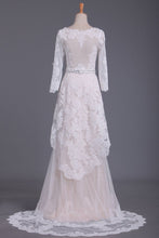 Load image into Gallery viewer, Asymmetrical Wedding Dresses V Neck Mid-Length Sleeves With Applique And Sash Tulle