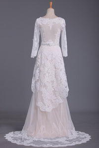 Asymmetrical Wedding Dresses V Neck Mid-Length Sleeves With Applique And Sash Tulle