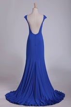 Load image into Gallery viewer, Open Back Bateau Spandex Evening Dresses Mermaid Sweep Train