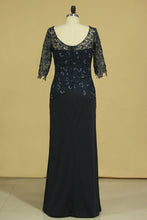 Load image into Gallery viewer, Mother Of The Bride Dresses Scoop 3/4 Length Sleeve Dark Navy Spandex &amp; Lace With Beads