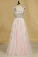 Load image into Gallery viewer, New Arrival Beaded Bodice Open Back V Neck Prom Dresses A Line Tulle