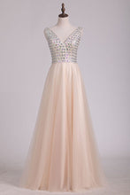 Load image into Gallery viewer, Beaded Bodice V Neck Backless A Line/Princess Prom Dress With Tulle Skirt