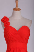 Load image into Gallery viewer, One Shoulder A Line Bridesmaid Dresses With Handmade Flowers &amp; Ruffles Chiffon