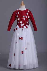 Bicolor Flower Girl Dresses Short Sleeve Scoop A-Line Satin & Tulle