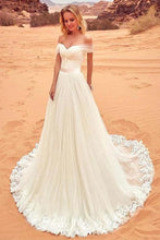 Load image into Gallery viewer, Charming Off The Shoulder Tulle Long Beach Wedding Dress With SJSPYAQGZNX