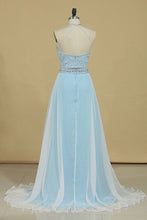 Load image into Gallery viewer, Two-Piece Halter A Line Prom Dresses With Beading And Rhinestones Bicolor Chiffon &amp; Tulle