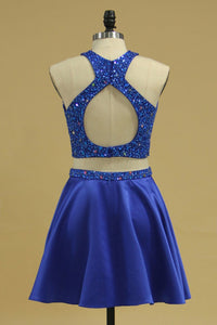 Two-Piece Scoop A Line Satin With Beads Open Back Homecoming Dresses