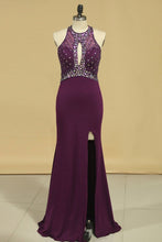 Load image into Gallery viewer, Scoop Open Back Beaded Bodice Dark Royal Blue Prom Dresses Sheath Spandex Sweep Train