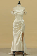 Load image into Gallery viewer, Off The Shoulder Elastic Satin With Slit Sweep Train Sheath Evening Dresses