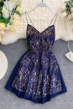 Load image into Gallery viewer, A Line Spaghetti Straps Lace V Neck Navy Blue Homecoming Dresses, Sweet 16 Dresses SJS15555