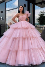 Load image into Gallery viewer, Charming Ball Gown Tulle Pink One Shoulder Long Prom Dresses, Quinceanera Dresses SJS15096