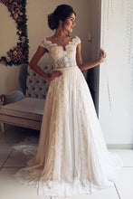 Load image into Gallery viewer, A Line Cap Sleeve Lace V Neck Chiffon Ivory Beads Wedding Dresses, Wedding Gowns SJS14996
