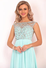 Load image into Gallery viewer, A Line Boat Neck Chiffon Prom Dresses With Beading Floor Length