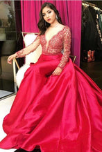 Load image into Gallery viewer, Red Prom Dress Satin V Neck With Pearled Bodice And Long Train