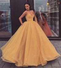 Load image into Gallery viewer, Sweetheart Strapless Yellow Long Modest Prom Gown, Ball Gown Quinceanera Dresses SJS15441