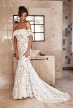 Load image into Gallery viewer, Elegant Off the Shoulder Ivory Lace Mermaid Beach Wedding Dress, Cheap Bridal Dress SJS15188