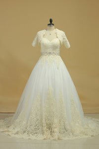 Open Back A Line Wedding Dresses Tulle With Applique And Beads Chapel Train