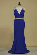Load image into Gallery viewer, Mermaid V Neck With Beading Prom Dresses Elastic Satin Sweep Train