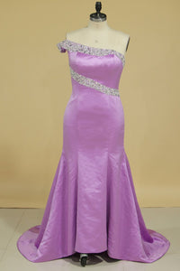 Mermaid One Shoulder Prom Dresses With Beading Satin