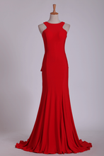 Load image into Gallery viewer, Red Evening Dresses Scoop Open Back Mermaid/Trumpet Red Sweep Train