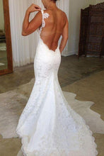 Load image into Gallery viewer, Elegant Mermaid Lace Backless V Neck Spaghetti Straps Wedding Dresses Bridal Dresses SJS15181