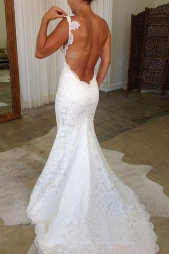 Elegant Mermaid Lace Backless V Neck Spaghetti Straps Wedding Dresses Bridal Dresses SJS15181