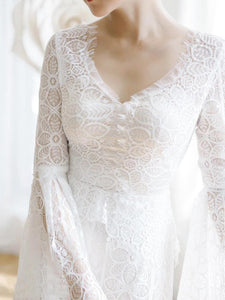 Unique V Neck Lace-up Mermaid Back Bridal Dresses Ivory Lace Trumpet Sleeve Wedding Dresses SJS15469