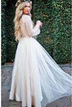 Load image into Gallery viewer, Princess Long Sleeve Lace Top Beach Wedding Dresses With Slit Tulle Ivory Wedding Gowns SJS15299
