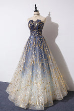 Load image into Gallery viewer, Charming Blue Floral Print Tulle Strapless Long A Line Prom Dresses, Dance Dresses SJS15097