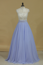 Load image into Gallery viewer, High Neck A Line Prom Dresses Chiffon With Applique And Beading Floor Length