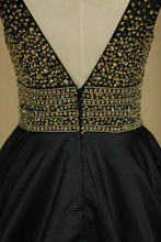 Load image into Gallery viewer, New Arrival A Line V Neck Prom Dresses Satin With Beads&amp;Rhinestones