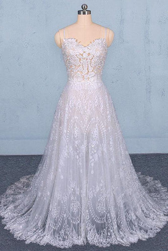 Spaghetti Straps V Neck Lace Off White Wedding Dresses with Criss Cross Bridal Dresses SJS15422