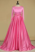 Load image into Gallery viewer, Scoop Prom Dresses 3/4 Length Sleeves Satin With Beads A Line