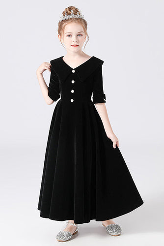 A Line Black Half Sleeve Ankle Length Flower Girl Dresses